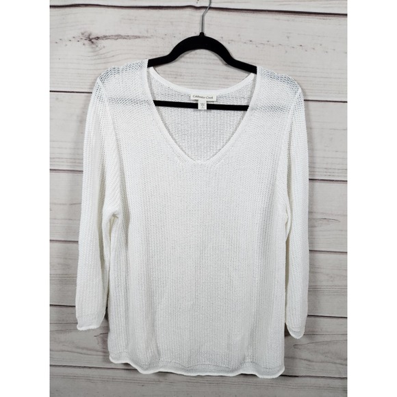 Coldwater Creek Womens White Long Sleeve V-Neck Fishnet Crochet Sweater Size L‎ - Picture 1 of 6